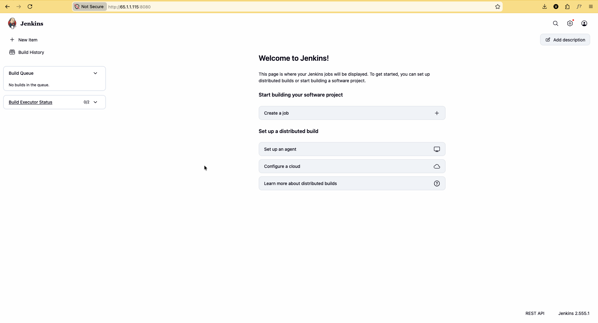 Jenkins home — New Item, Build Queue, and Manage Jenkins