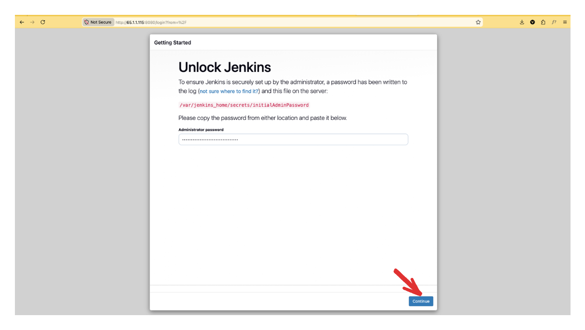 Unlock Jenkins — paste the initial admin password