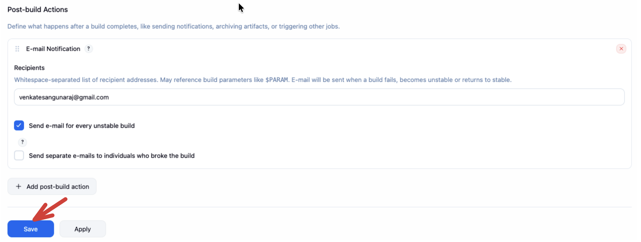 Post-build E-mail Notification recipients
