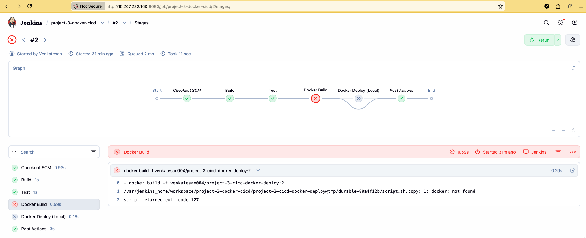 Console failure — docker: not found inside the Jenkins container