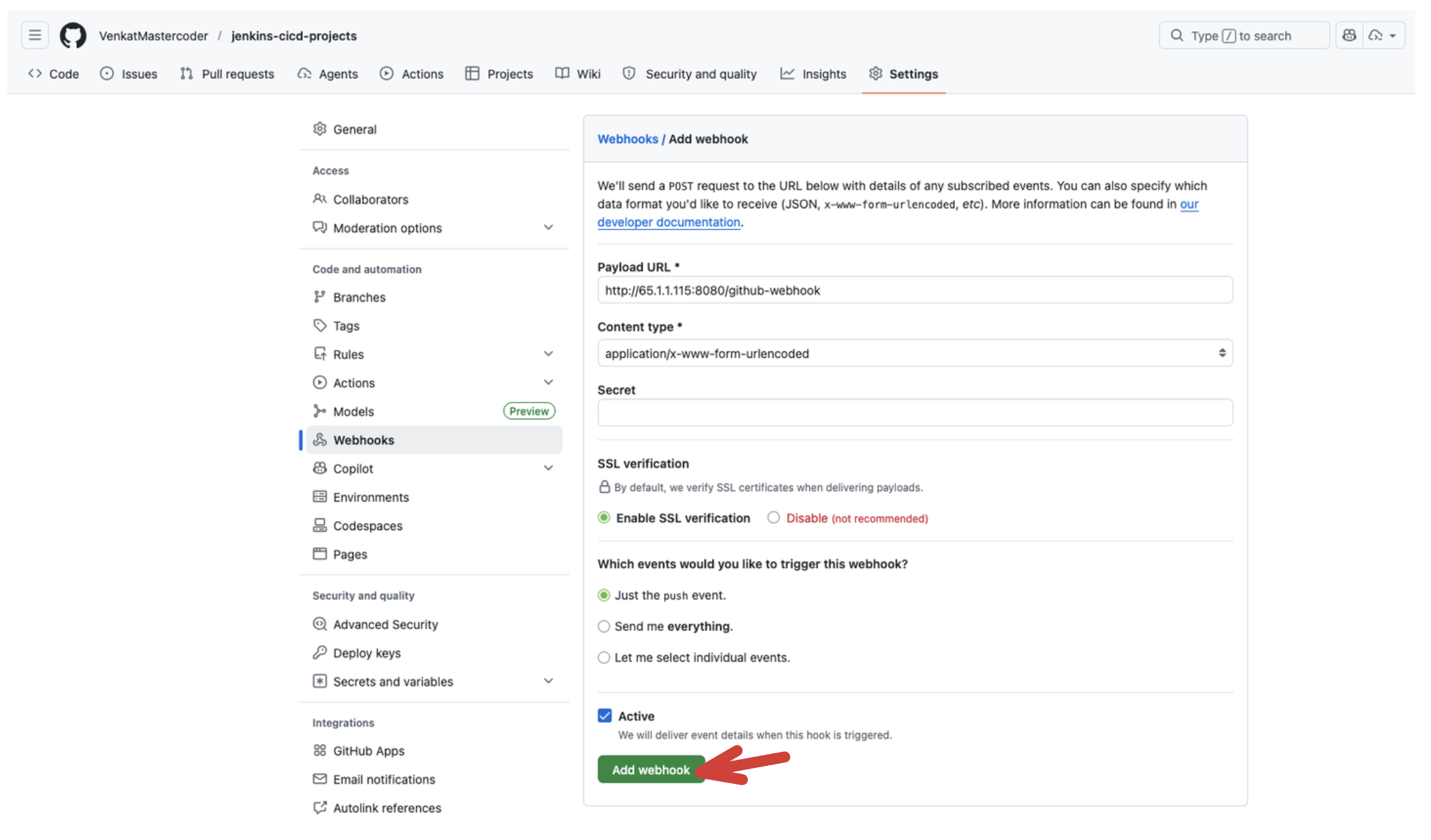GitHub webhook — payload URL pointing at Jenkins /github-webhook/