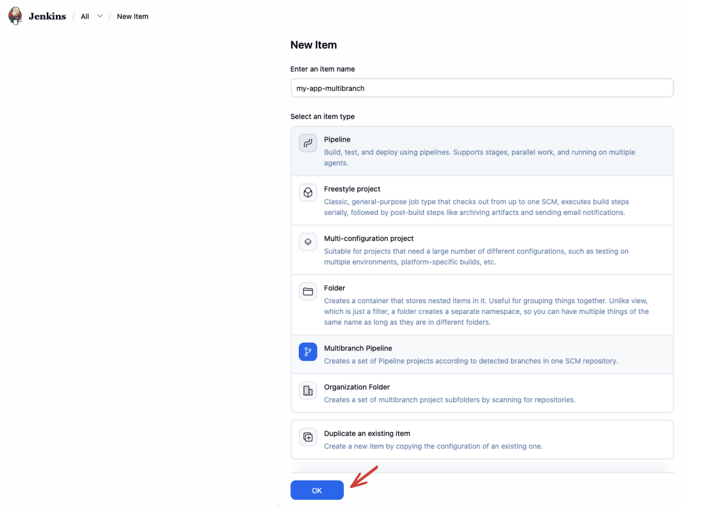 Select Multibranch Pipeline when creating the job